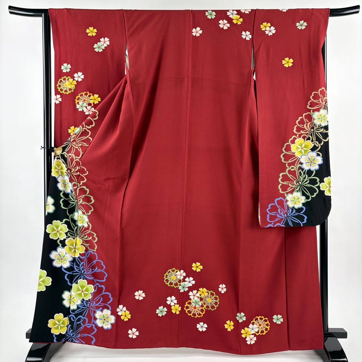 振袖 身丈165.5 cm 裄丈66 M 袷 桜 金彩 染め分け えんじ色 正絹