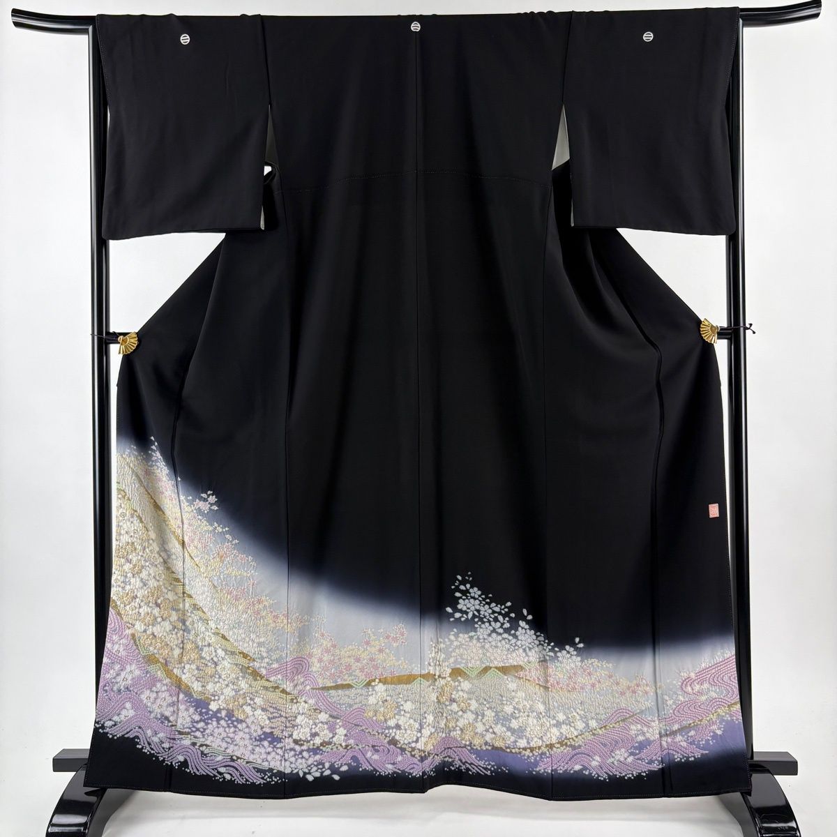 黒留袖 身丈163 5 cm 裄丈66 M 袷 滝泰 落款 梅 波 刺繍 絞り 黒 正絹