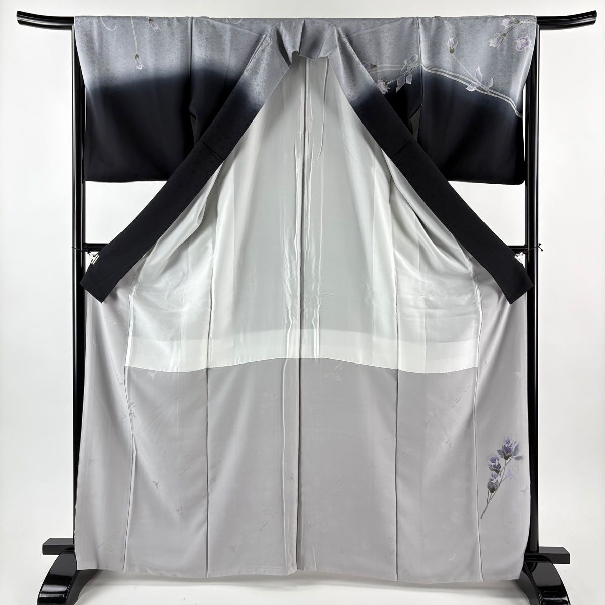  訪問着 身丈165.5 cm 裄丈65.5 M 袷 中村玉緒 落款 枝花 刺繍 染め分け 黒 正絹 訪問着 付け下げ 着物