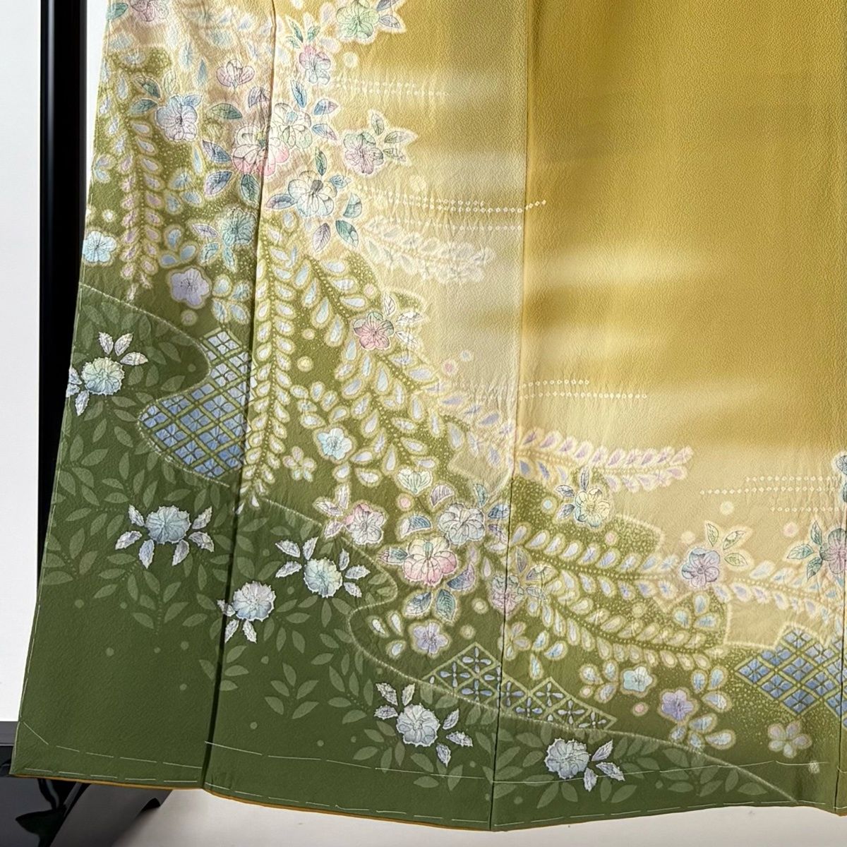 訪問着 身丈162 cm 裄丈65.5 M 袷 草花 流水 絞り ぼかし からし色 正絹