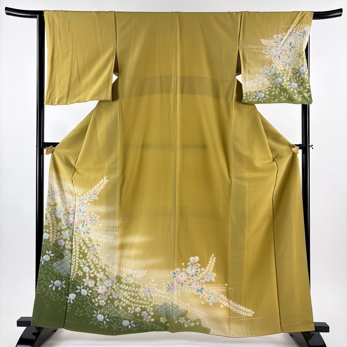 訪問着 身丈162 cm 裄丈65.5 M 袷 草花 流水 絞り ぼかし からし色 正絹