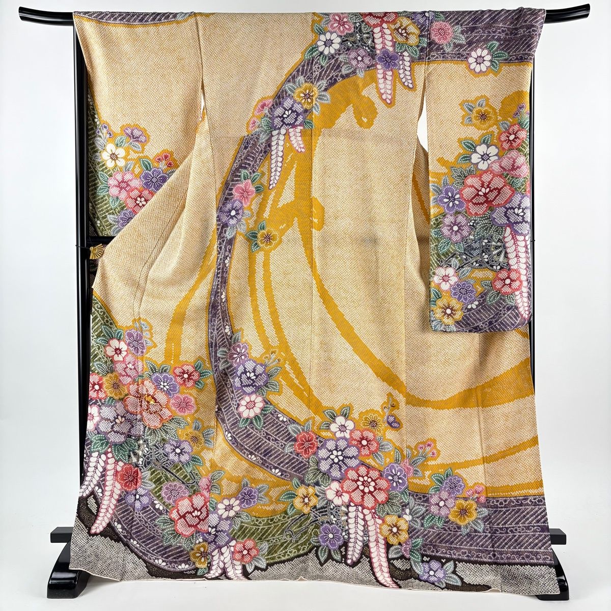 振袖 身丈171 5 cm 裄丈69 L 袷 花車 熨斗 金彩 金糸 山吹色 正絹