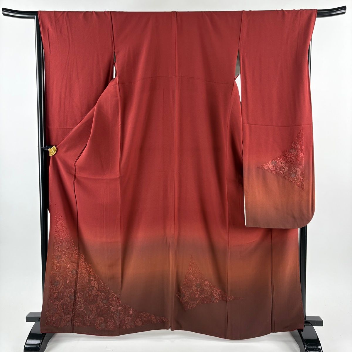 振袖 身丈164.5 cm 裄丈68 L 袷 ペイズリー 草花 刺繍 金糸 えんじ色 正絹