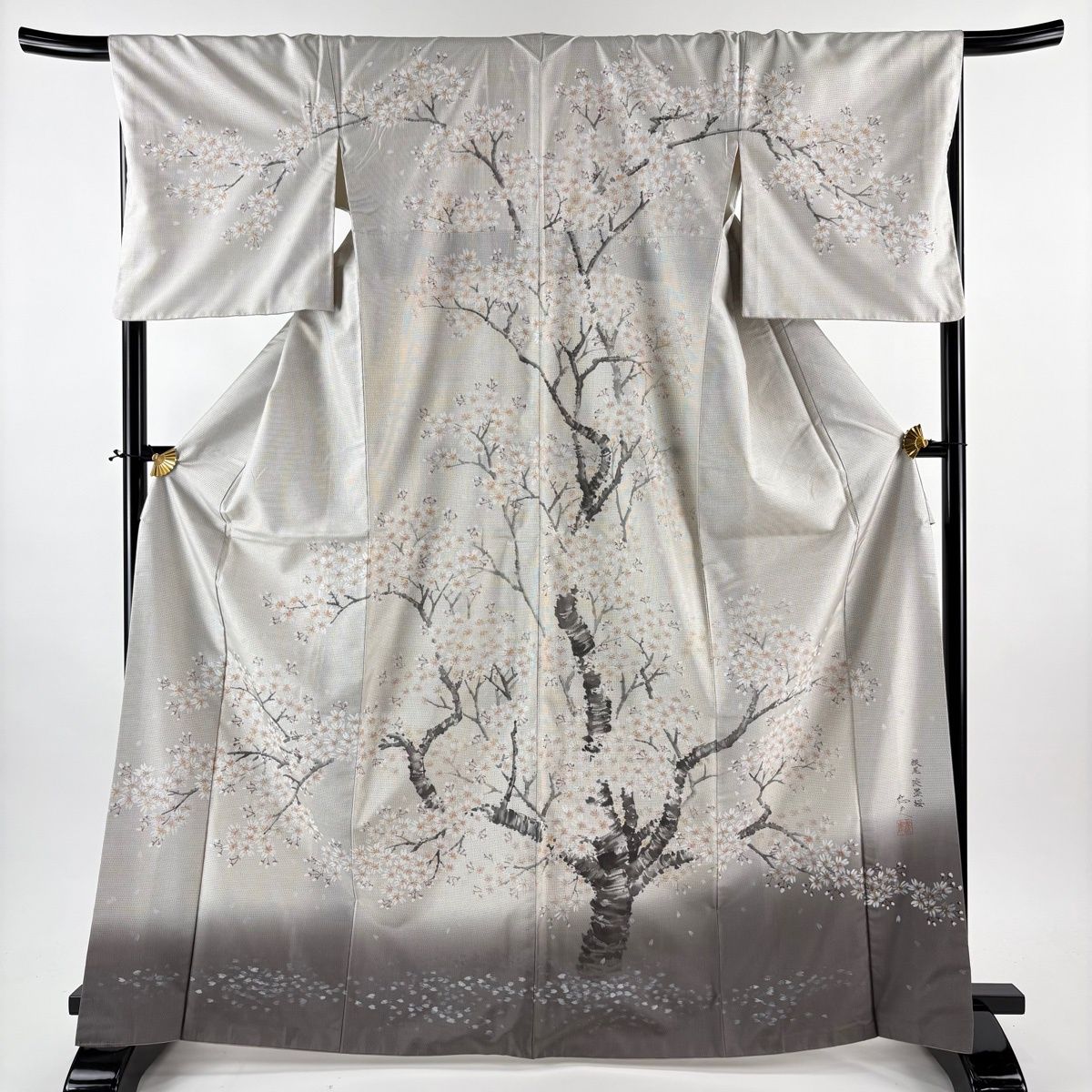 訪問着 身丈167 cm 裄丈69 L 袷 大島紬地 落款 証紙 淡墨桜 ぼかし 灰色 正絹