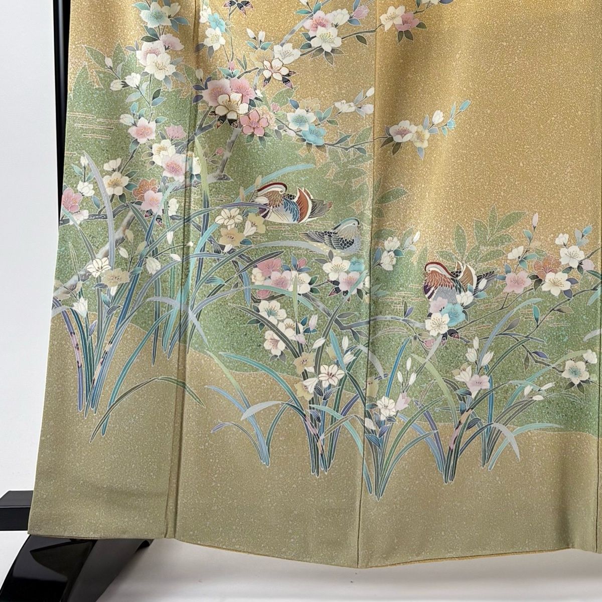 訪問着 身丈163 cm 裄丈68 L 袷 枝花 鴛鴦 金糸 金彩 黄土色 正絹
