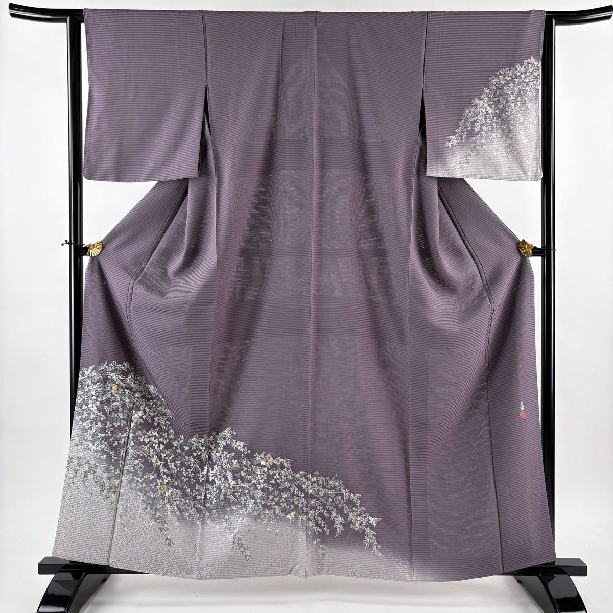 付下げ 身丈161 cm 裄丈63.5 S 絽袷 松尾光琳 落款 萩 蝶 銀彩 灰紫 正絹