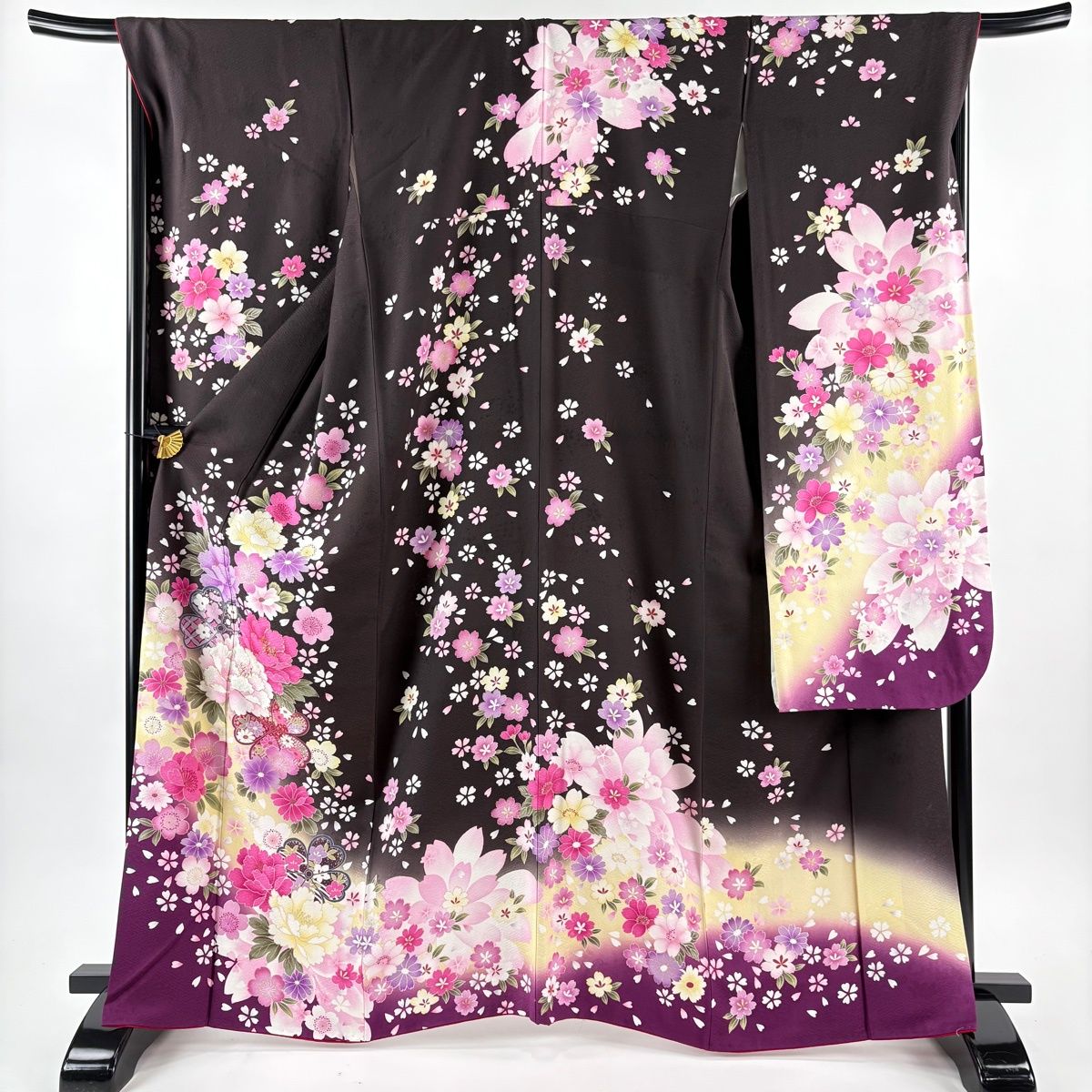 振袖 身丈164 cm 裄丈69 L 袷 桜 牡丹 箔 刺繍 茶紫 正絹