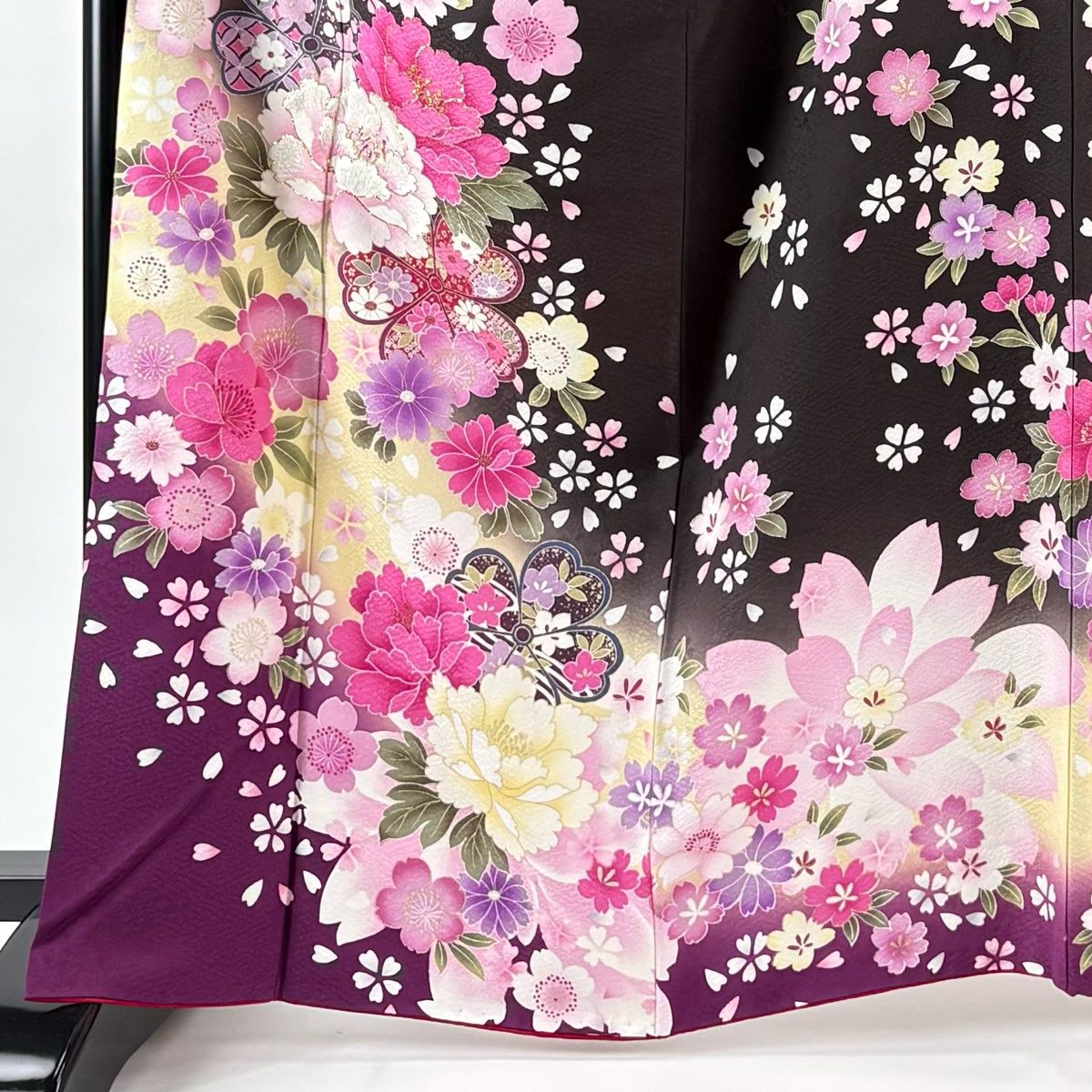 美品】 振袖 身丈164cm 裄丈69cm L 袷 桜 牡丹 箔 刺繍 茶紫 正絹 名品