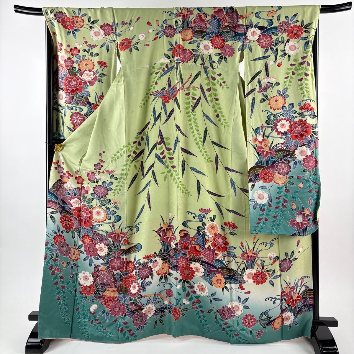 振袖 身丈166 cm 裄丈70 L 袷 牡丹 桜 絞り ぼかし 薄緑 正絹