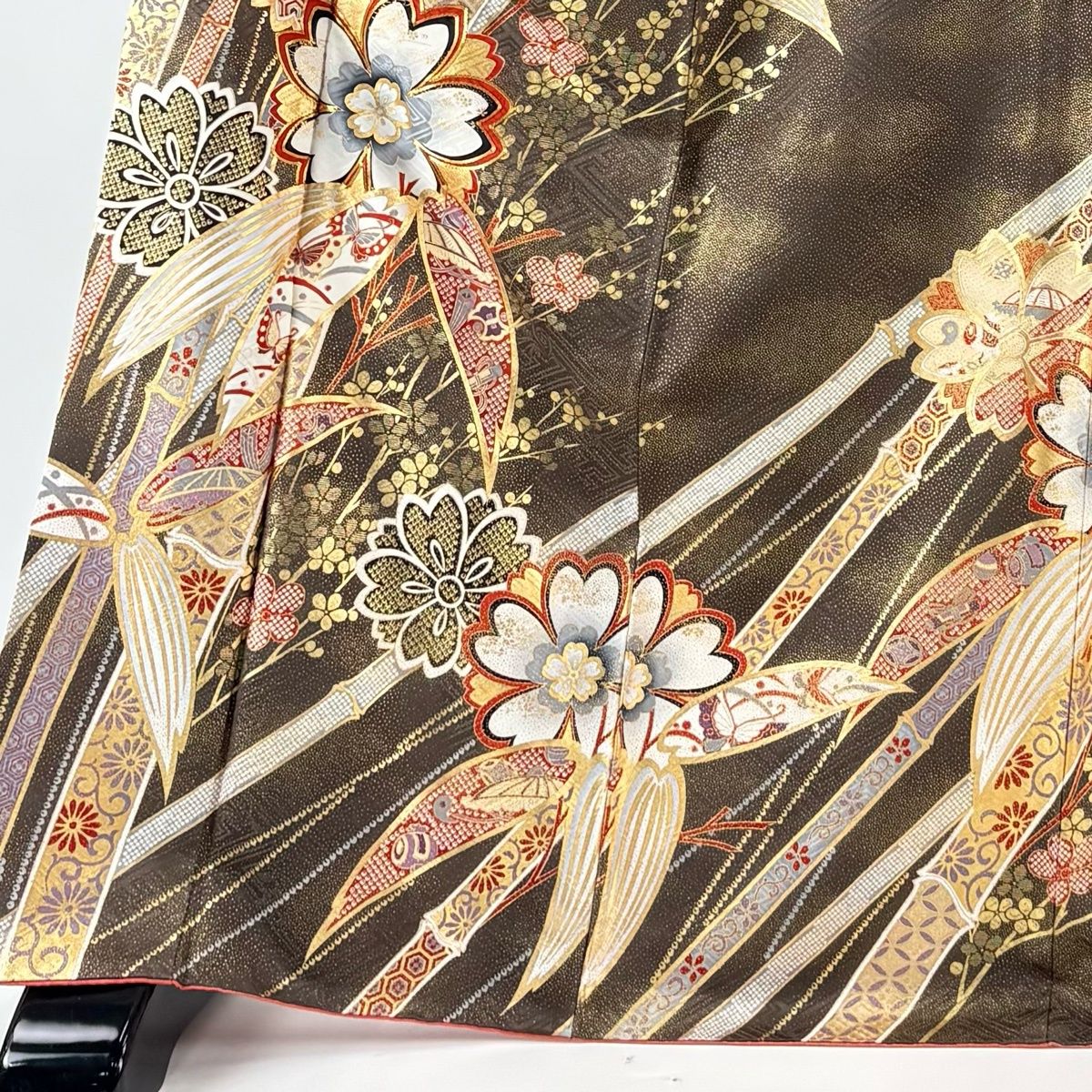 振袖 身丈172 cm 裄丈68 L 袷 桜 竹 金彩 金糸 茶色 正絹