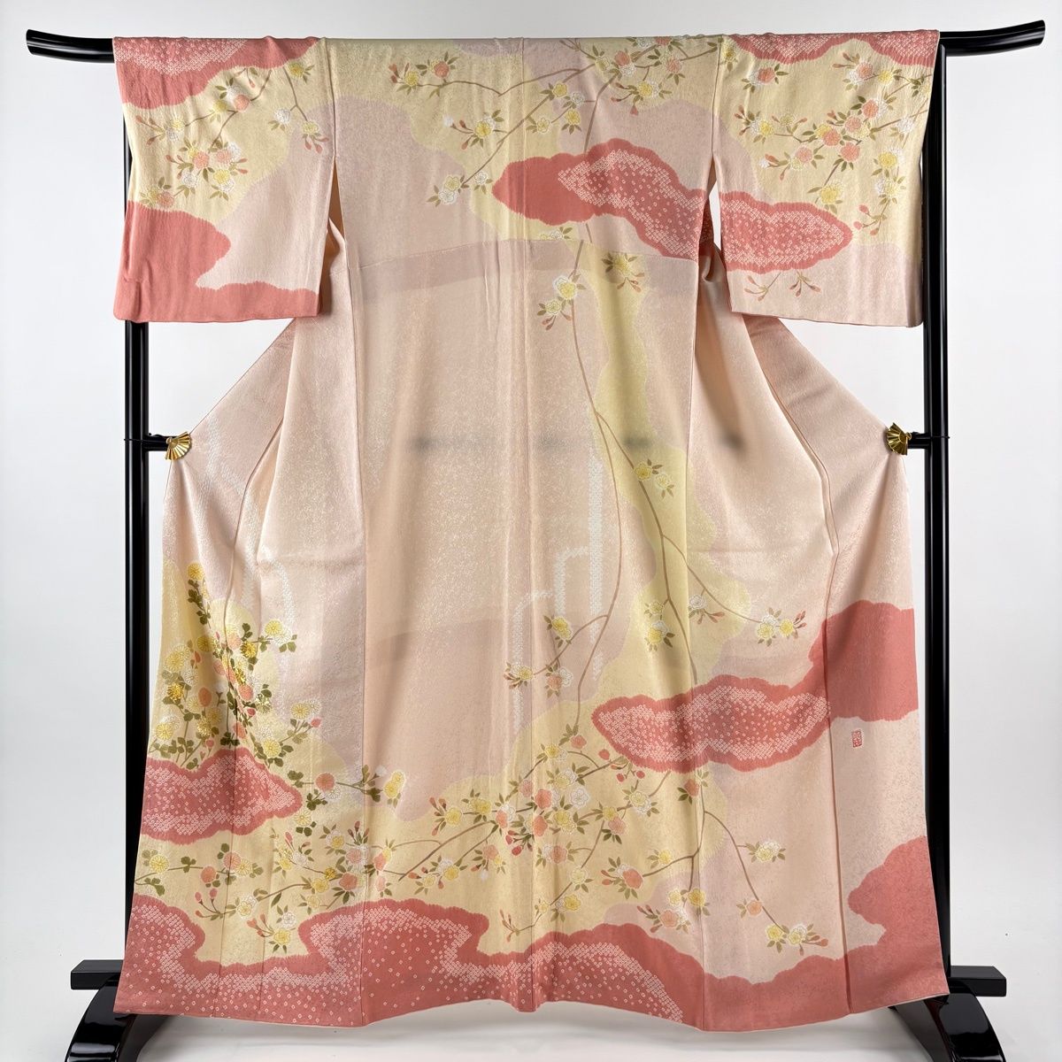 美品】 訪問着 身丈165cm 裄丈66cm M 袷 大喜百花 青柳 落款 菊 雲文