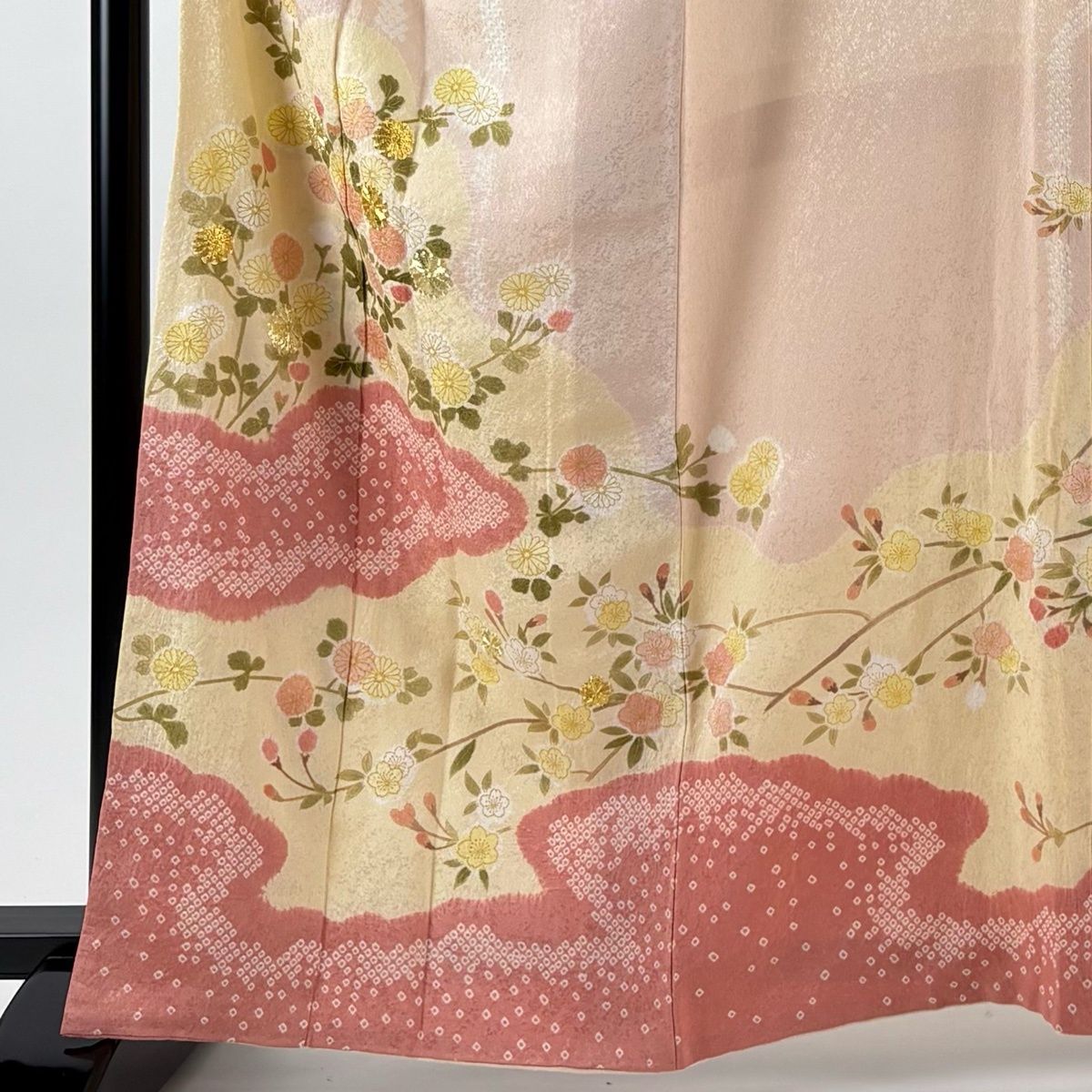 訪問着 身丈165 cm 裄丈66 M 袷 大喜百花 青柳 落款 菊 雲文 金糸 絞り 薄ピンク 正絹