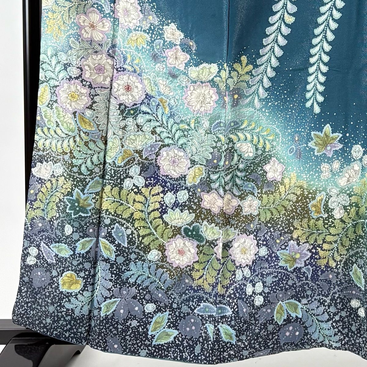 訪問着 身丈162.5 cm 裄丈66 M 袷 吉乃一廉 落款 辻が花 銀通し ぼかし 青緑 正絹