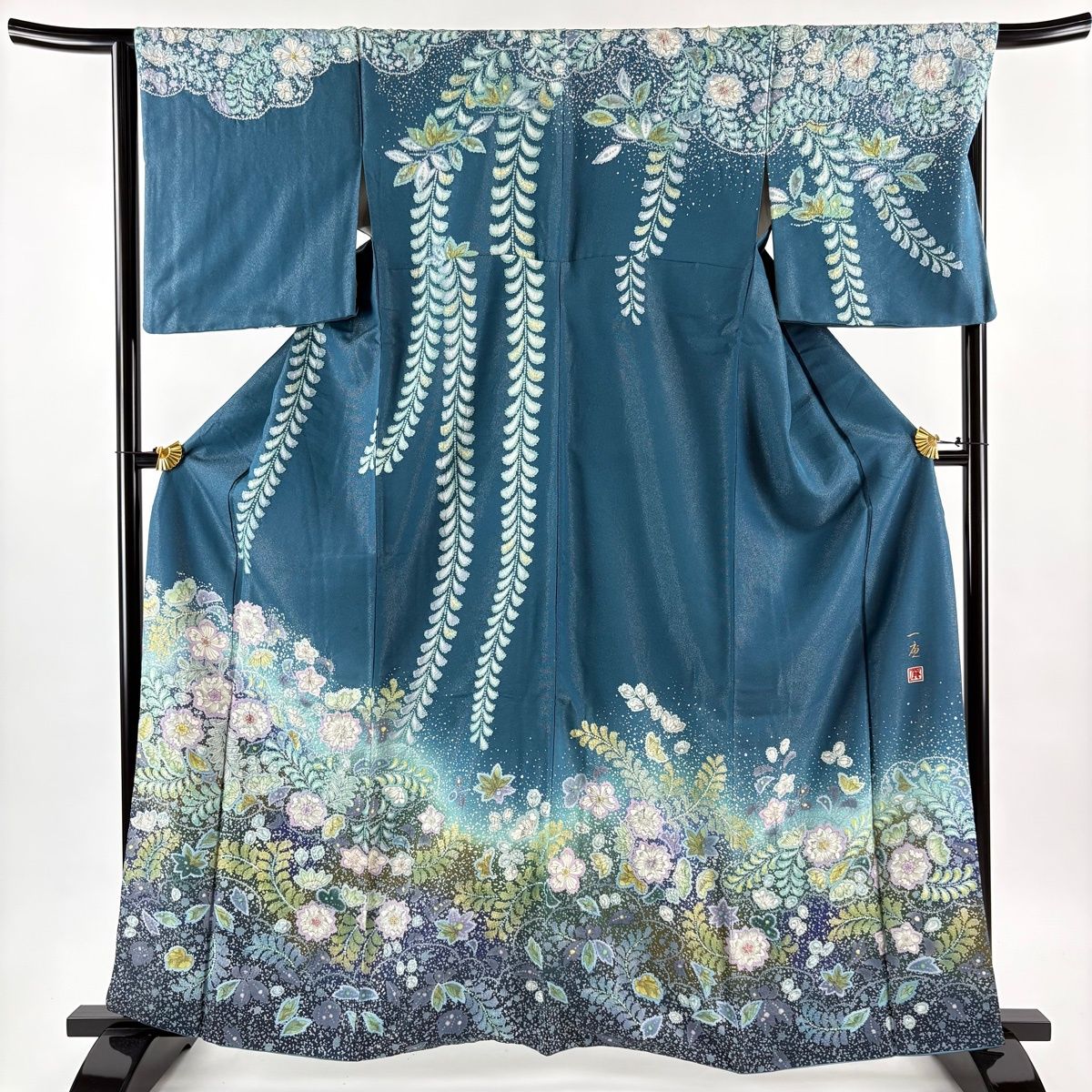 訪問着 身丈162 5 cm 裄丈66 M 袷 吉乃一廉 落款 辻が花 銀通し ぼかし 青緑 正絹