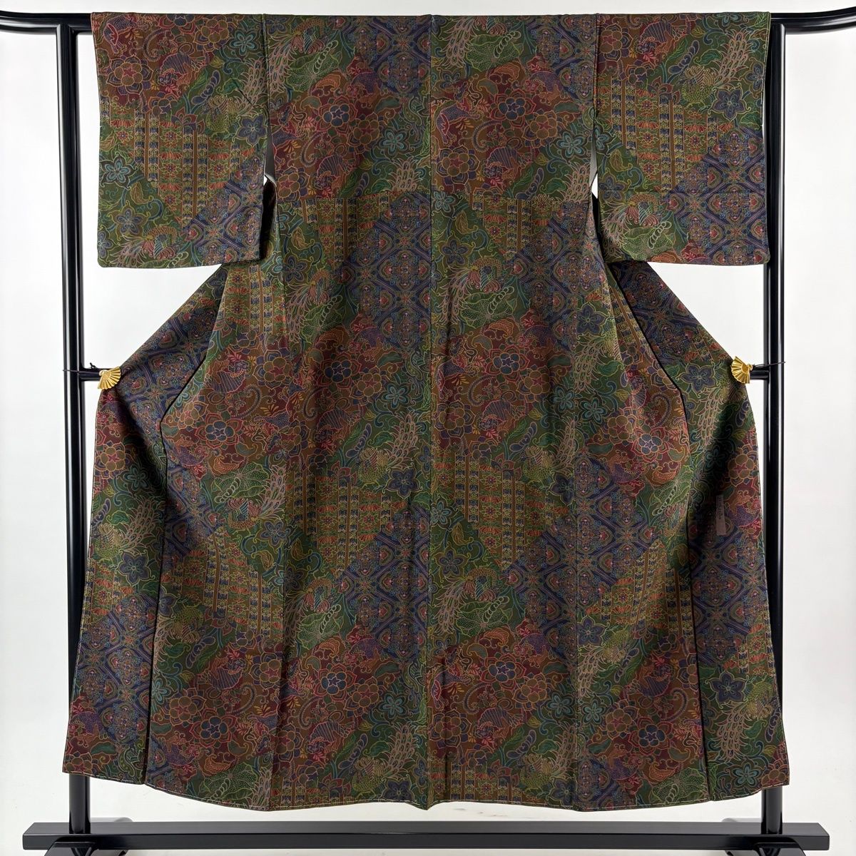 小紋 身丈151 5 cm 裄丈62 S 袷 前田仁仙 やまと 落款 草花 孔雀 茶紫 正絹