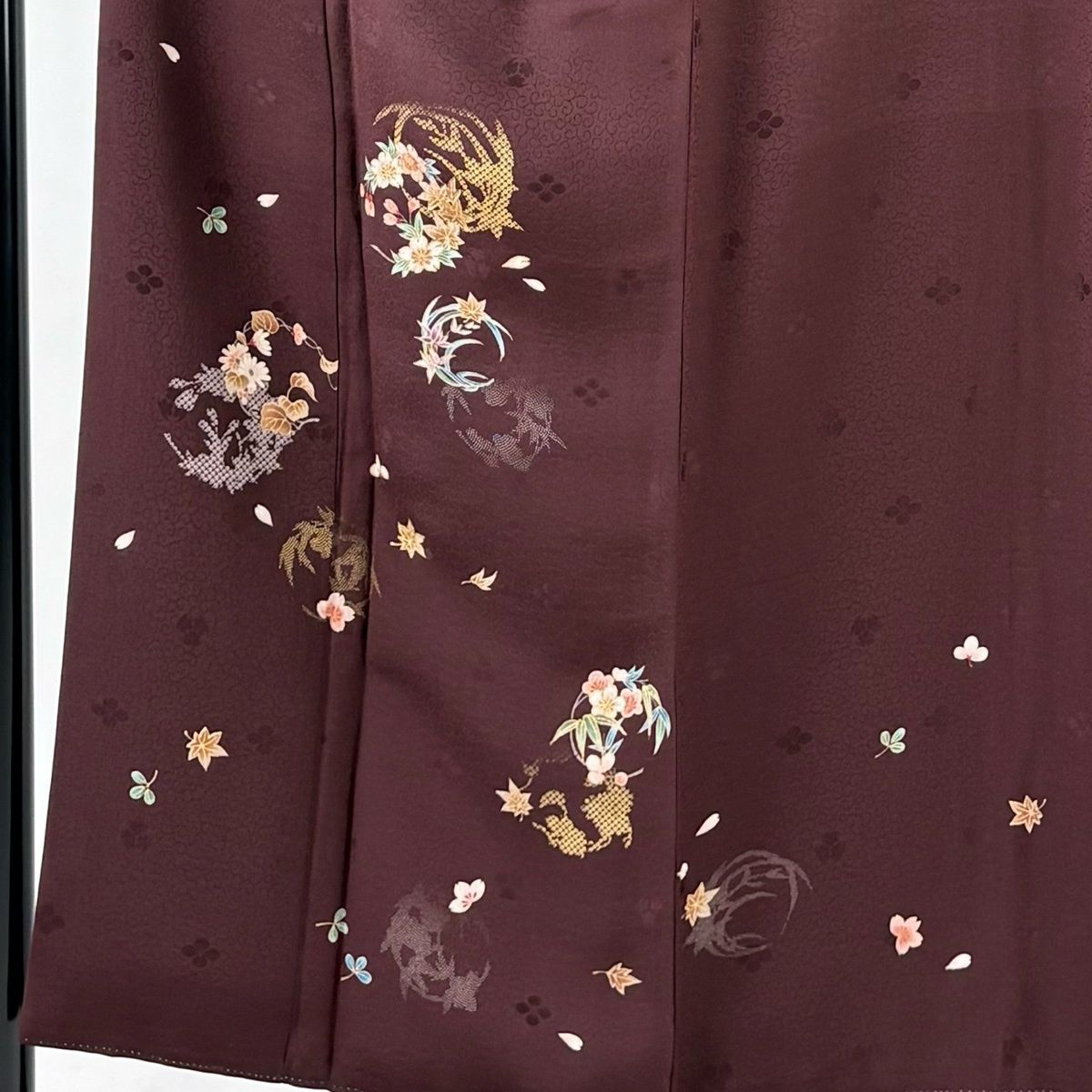 付下げ 身丈152 cm 裄丈64 M 袷 坂東三津五郎 落款 花丸文 桜 金彩 茶紫 正絹 秀品