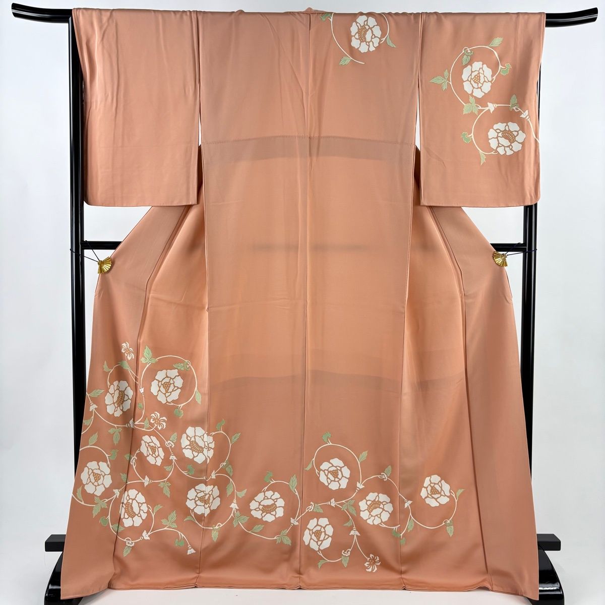 訪問着 身丈171 cm 裄丈67 M 袷 花唐草 金糸 金彩 サーモンピンク 正絹 秀品