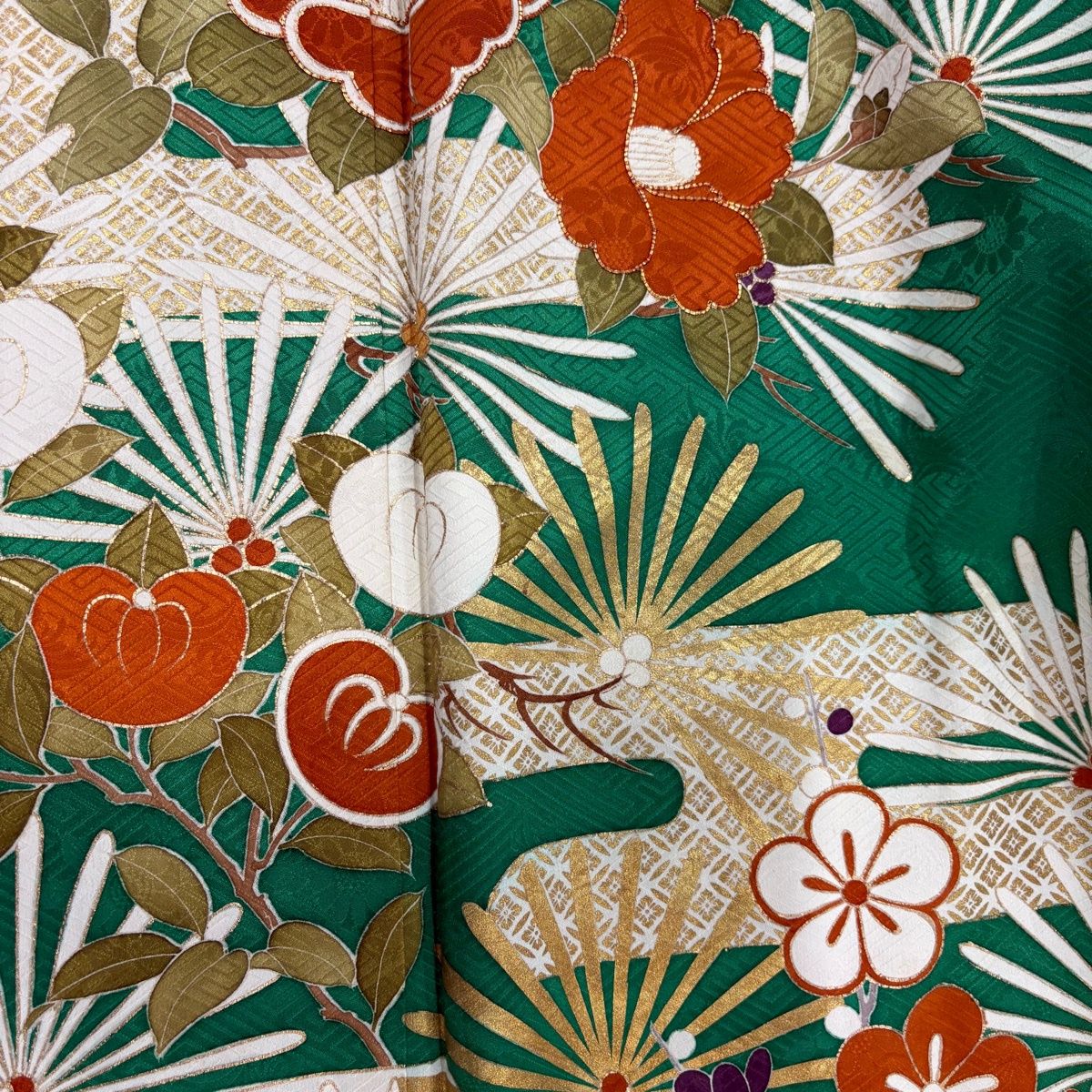  振袖 身丈162 cm 裄丈67 5 L 袷 椿 松梅 金糸 金彩 緑 正絹 秀品 振袖 着物
