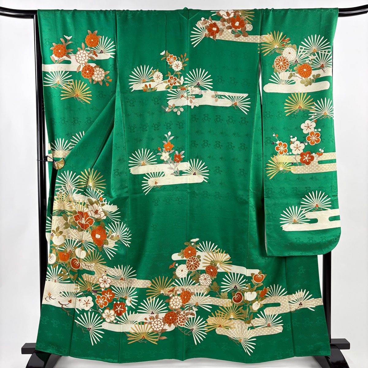 振袖 身丈162 cm 裄丈67 5 L 袷 椿 松梅 金糸 金彩 緑 正絹 秀品