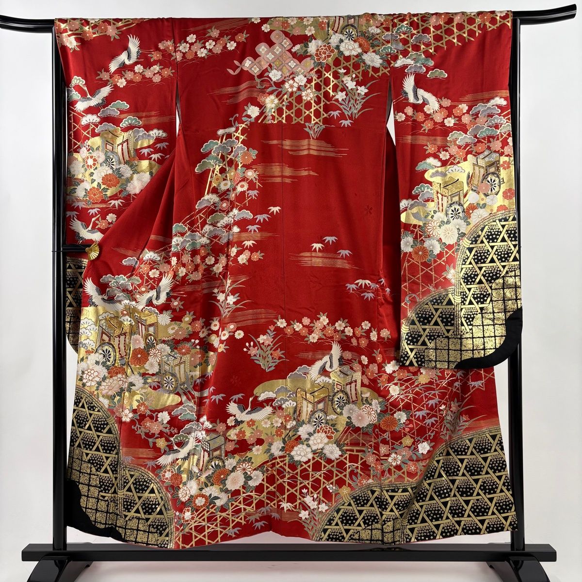振袖 身丈154 cm 裄丈65.5 M 袷 御所車 鶴 金糸 金彩 赤 正絹 秀品