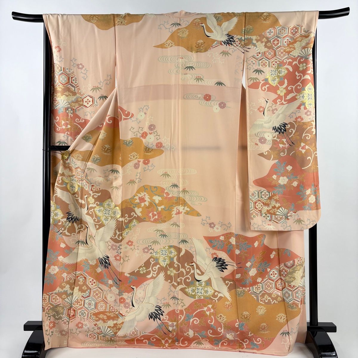 振袖 身丈171 cm 裄丈67 5 L 袷 鶴 扇 金彩 金糸 濃ピンク 正絹 秀品