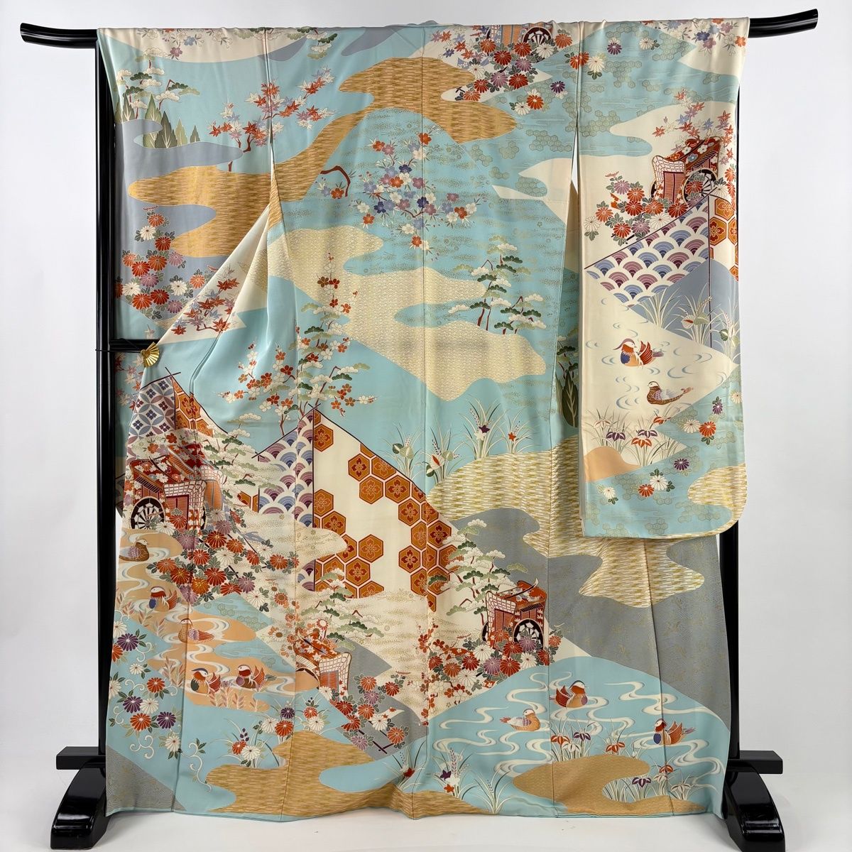 振袖 身丈169.5cm 裄丈68cm L 袷 落款 御所車 鴛鴦 金彩 金糸 水色 