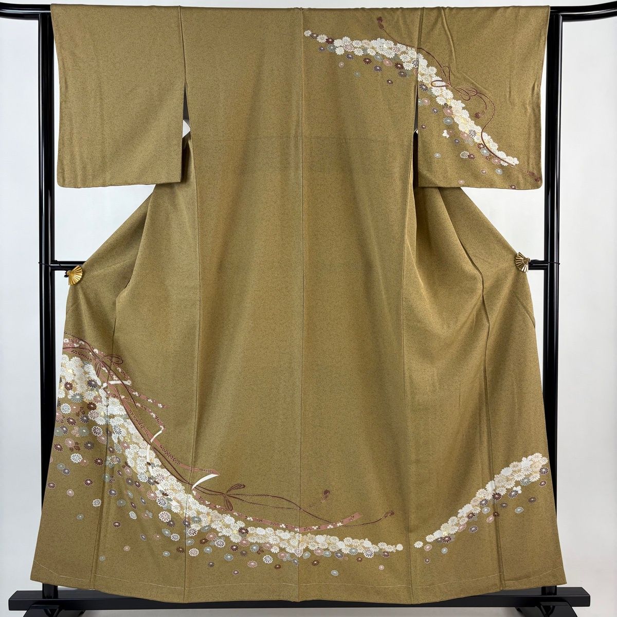 訪問着 身丈157 5 cm 裄丈63 S 袷 菊 蔓帯 金彩 黄土色 正絹 秀品
