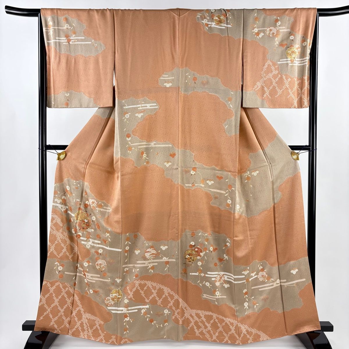 訪問着 身丈163 cm 裄丈66 M 袷 雪輪 草花 絞り 金彩 ピンク 正絹 秀品