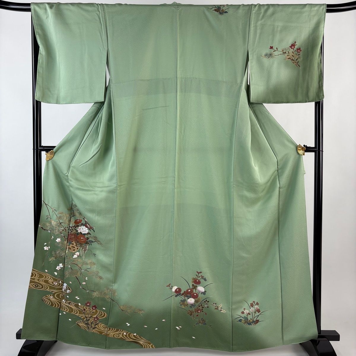 訪問着 身丈164cm 裄丈67.5cm L 袷 花籠 若松 金彩 ぼかし 薄緑 正絹