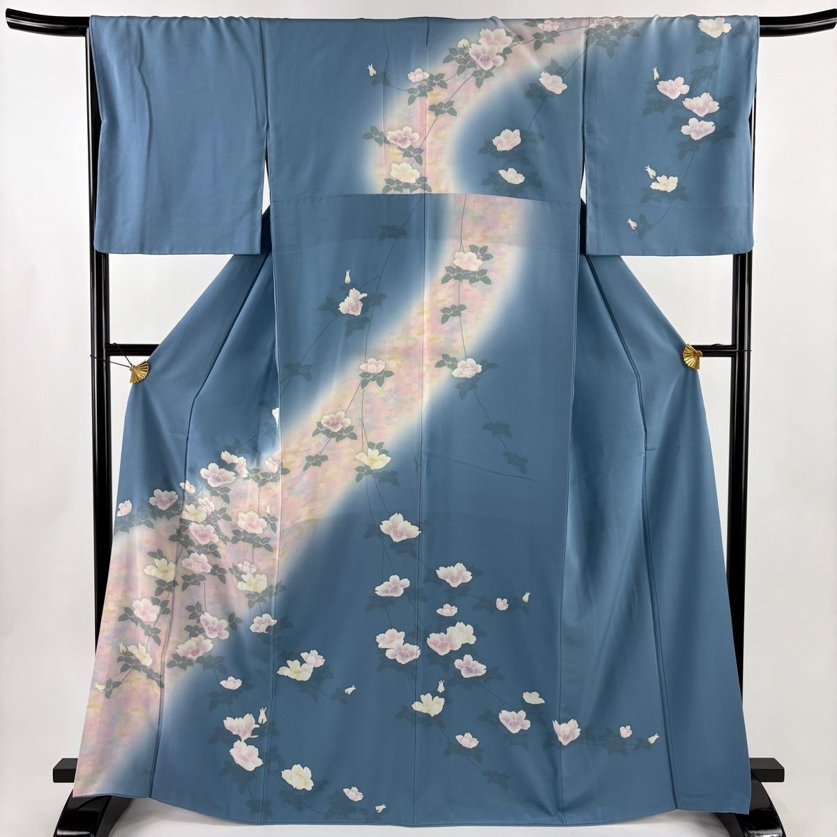 訪問着 身丈167.5cm 裄丈67cm M 袷 草花 染め分け ぼかし 水色 正絹 秀