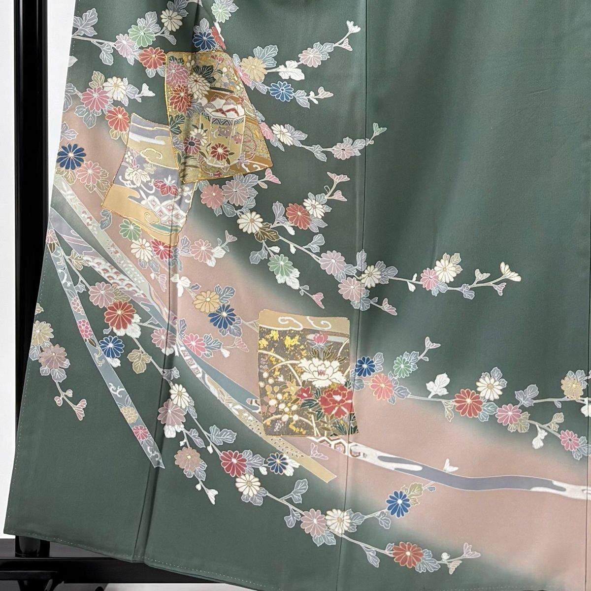 訪問着 身丈160 cm 裄丈64.5 M 袷 色紙 貝桶 金糸 金彩 灰緑 正絹 秀品