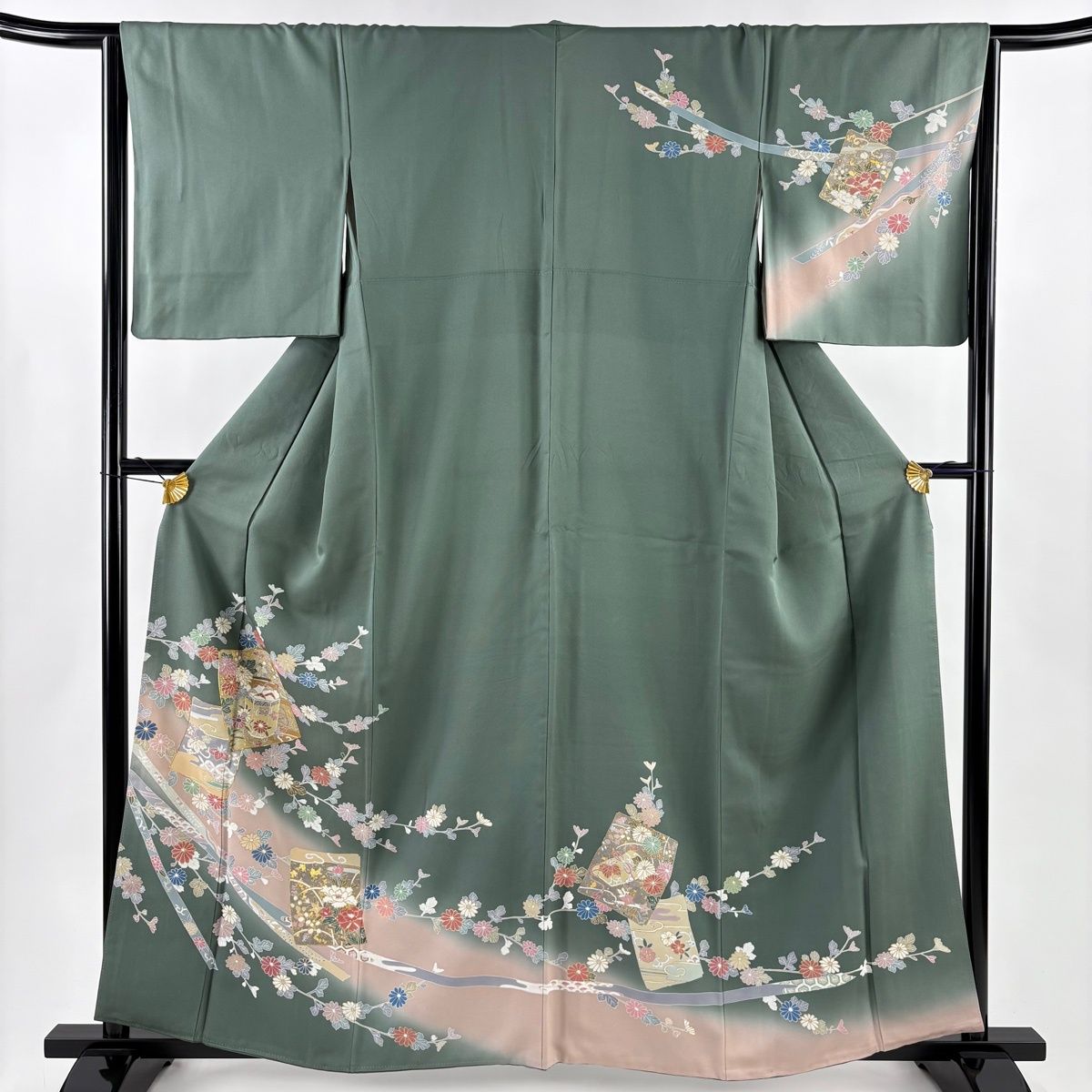 訪問着 身丈160 cm 裄丈64 5 M 袷 色紙 貝桶 金糸 金彩 灰緑 正絹 秀品