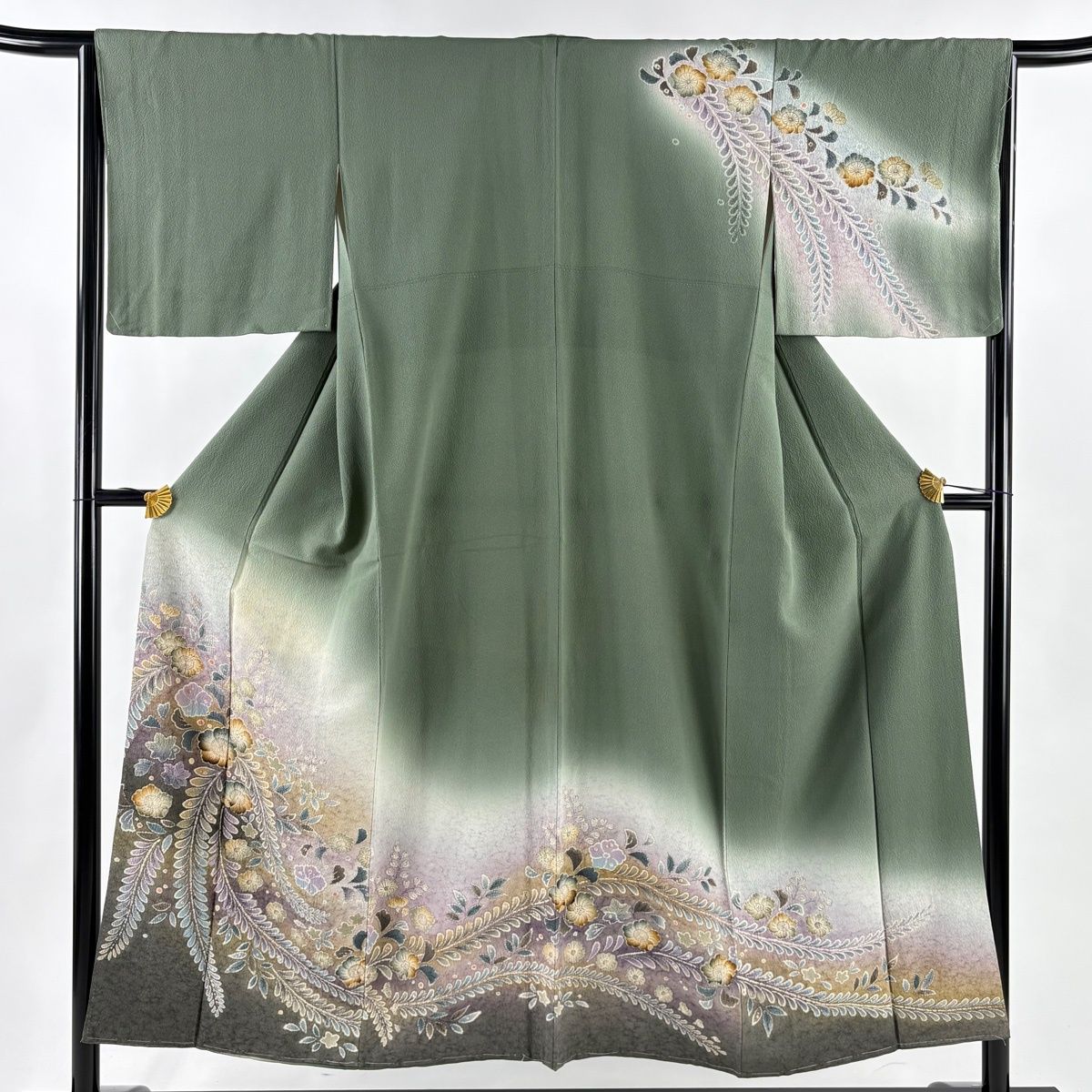 訪問着 身丈151 5 cm 裄丈65 M 袷 桜 染め分け ぼかし 灰緑 正絹 秀品