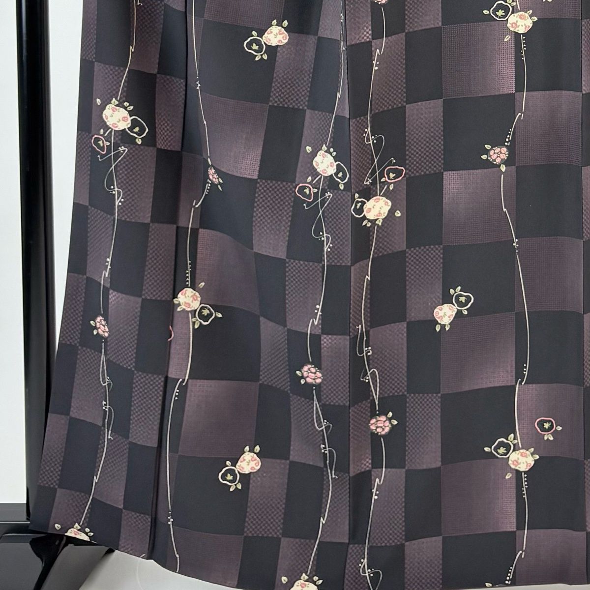 小紋 身丈163 cm 裄丈65 M 袷 草花 市松 ぼかし 紫 正絹 秀品