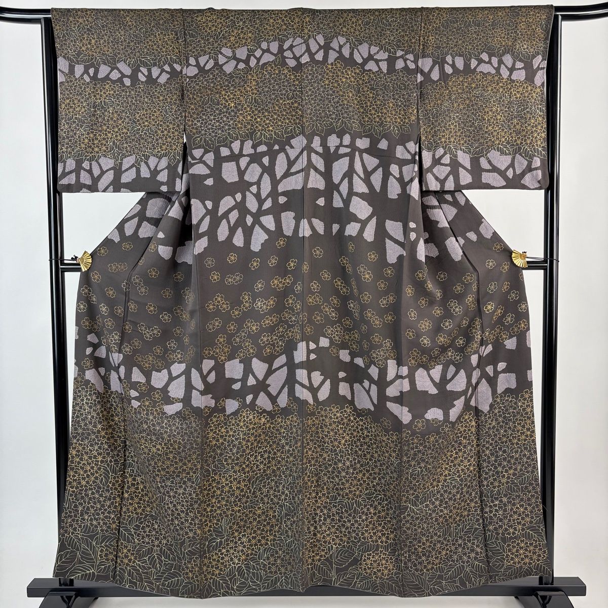 訪問着 身丈156 cm 裄丈64.5 M 袷 草花 幾何学模様 金彩 絞り 焦茶色 正絹 秀品