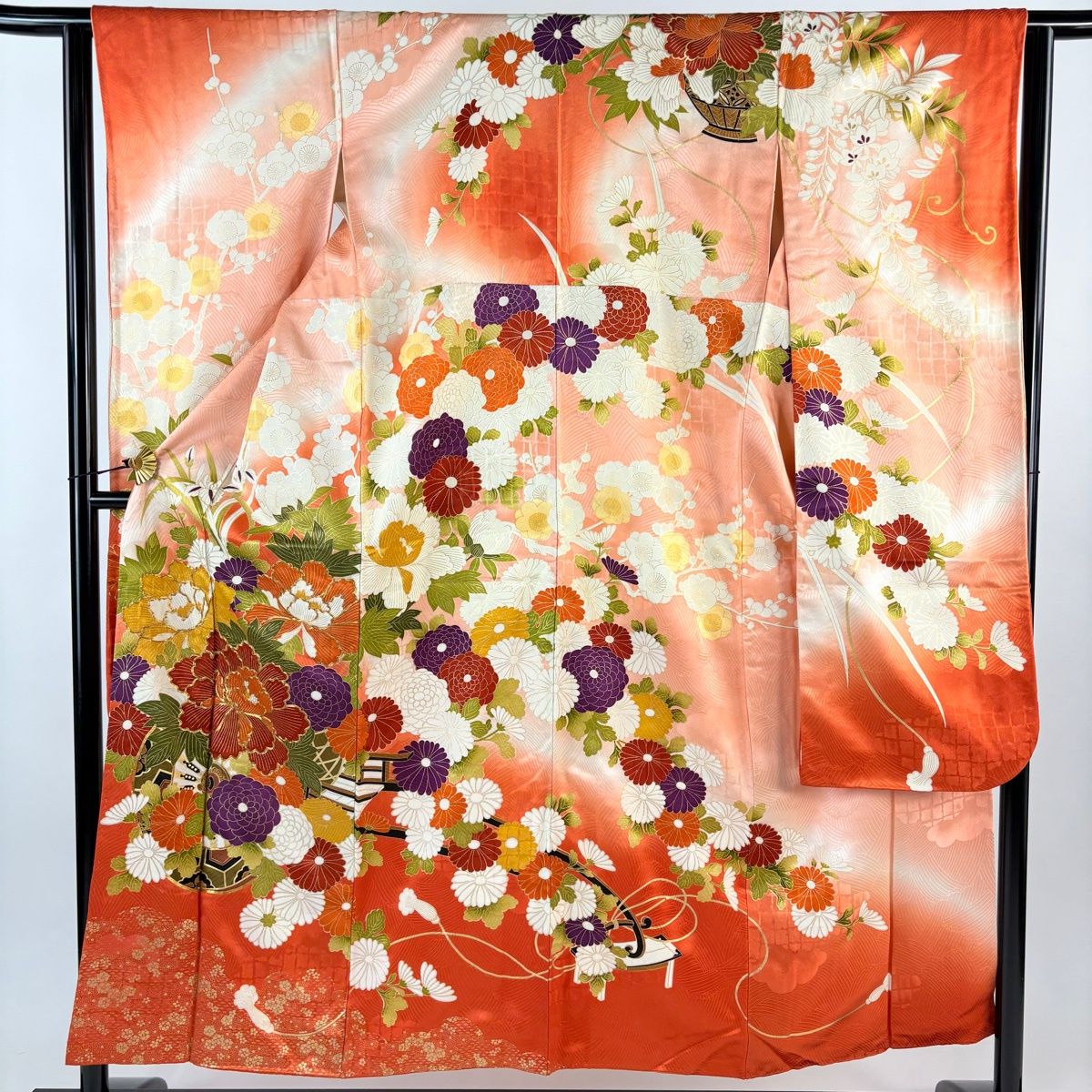 振袖 身丈152cm 裄丈62cm S 袷 花車 金糸 金彩 オレンジ 正絹 秀品