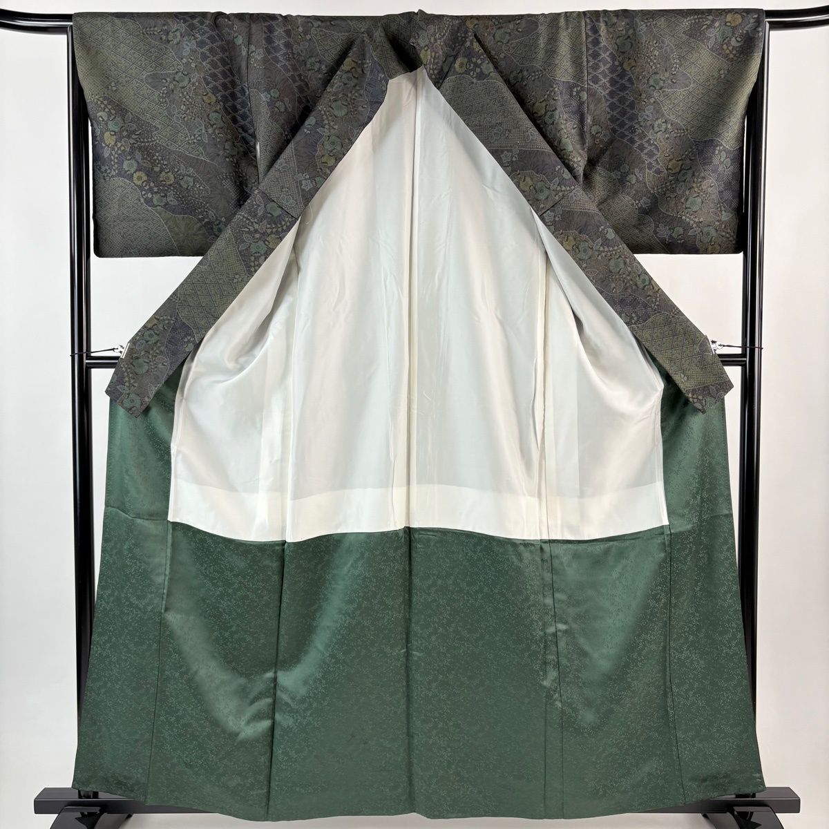  小紋 身丈151 cm 裄丈65 5 M 袷 紬地 霞 草花 灰緑 正絹 秀品 小紋 着物