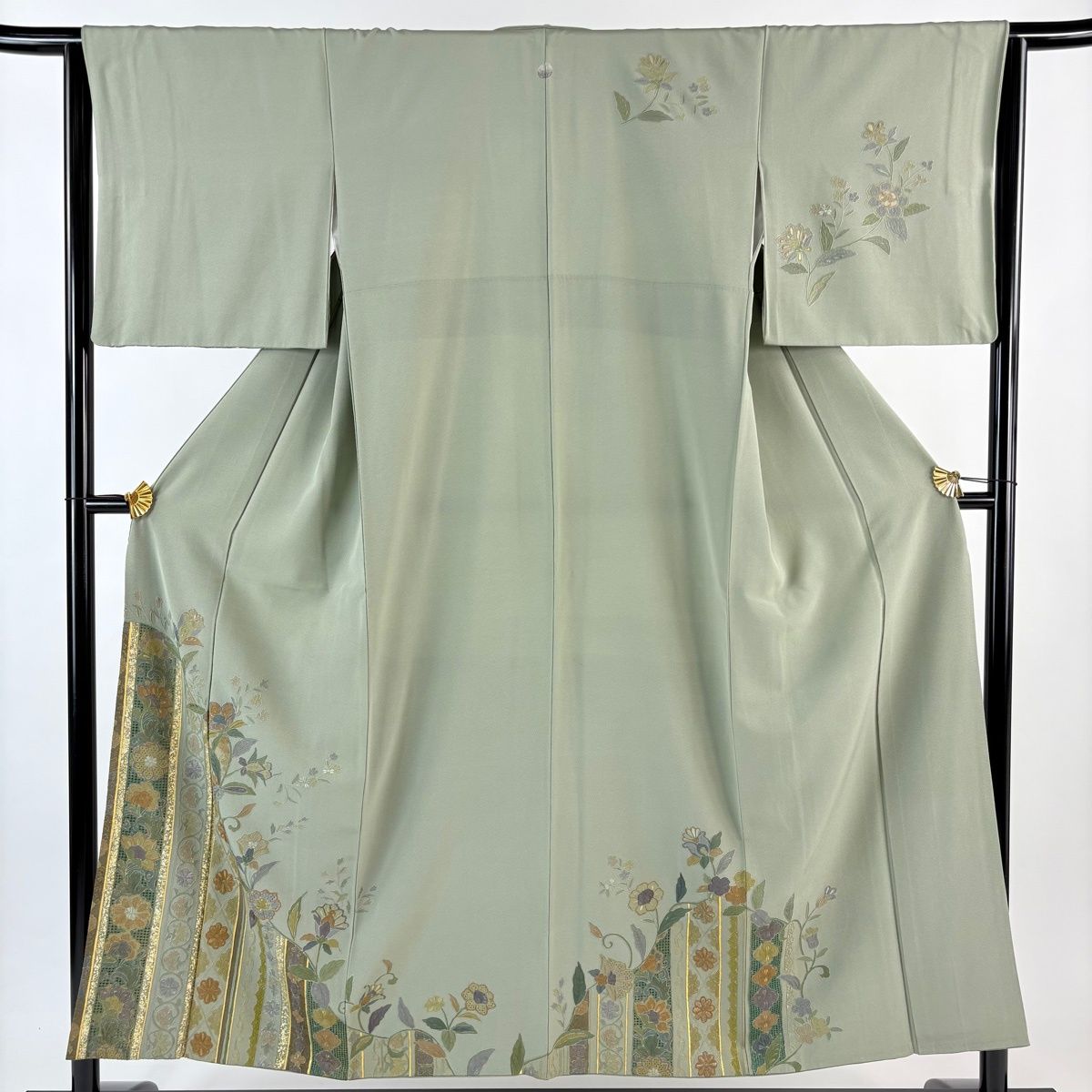 訪問着 身丈152 cm 裄丈63 5 S 袷 花唐草 縞 刺繍 金彩 灰緑 正絹 秀品 一つ紋