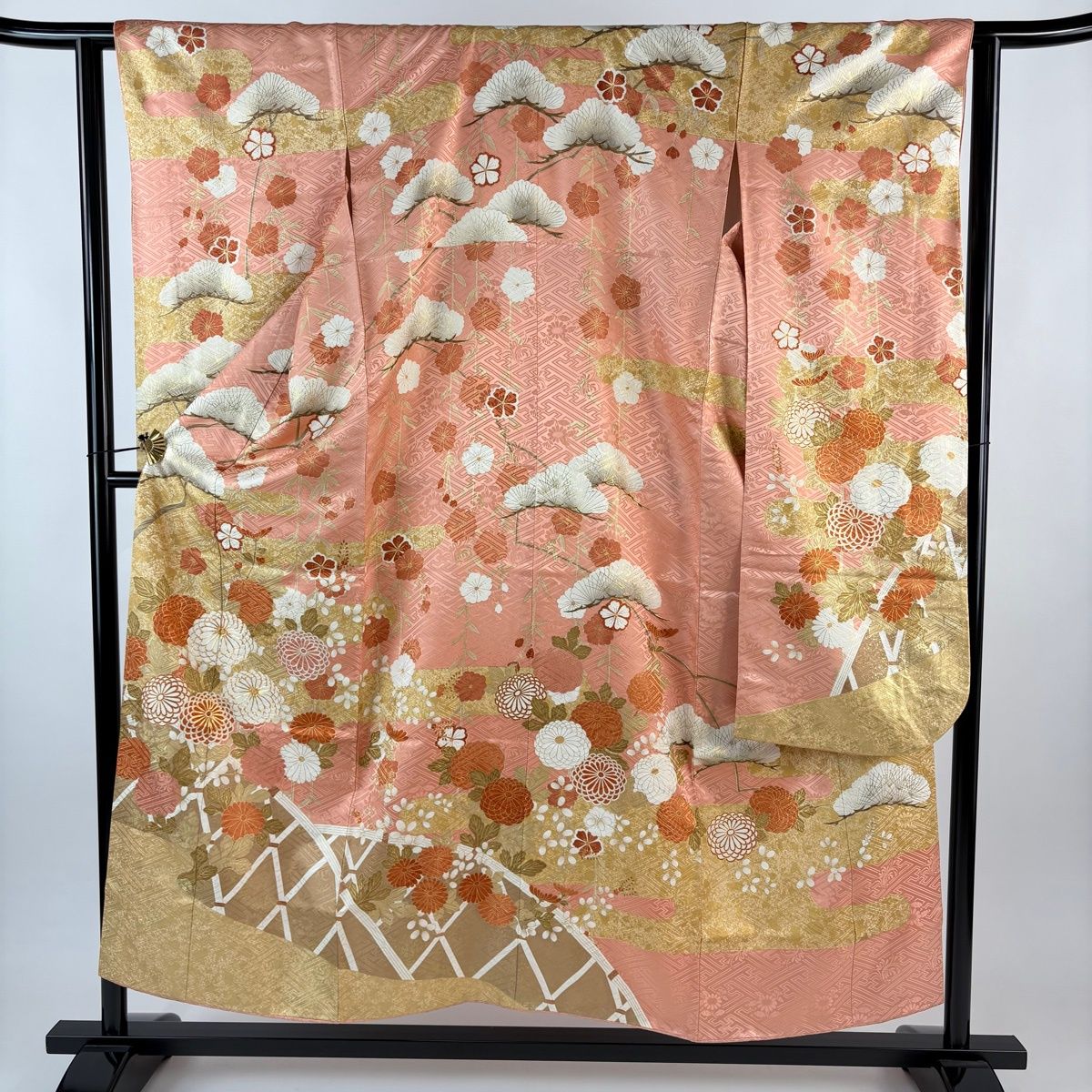 振袖 身丈155 cm 裄丈62 S 袷 菊 松 金彩 金糸 ピンク 正絹 秀品