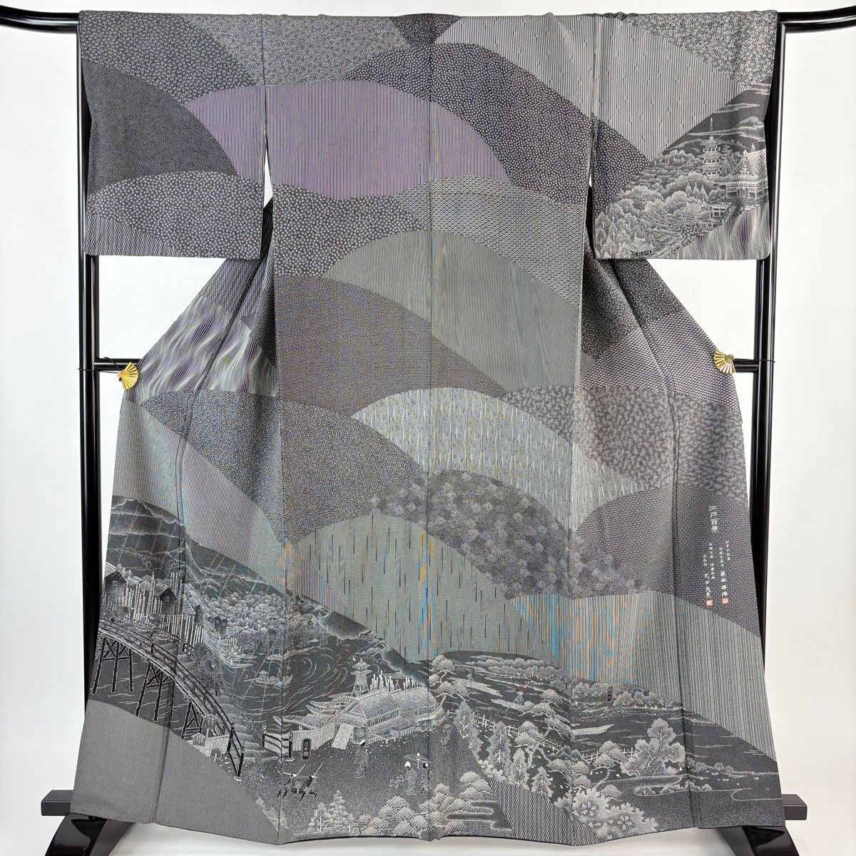 訪問着 身丈161 5 cm 裄丈65 M 袷 染谷梅治 落款 江戸百景 黒灰 正絹 秀品