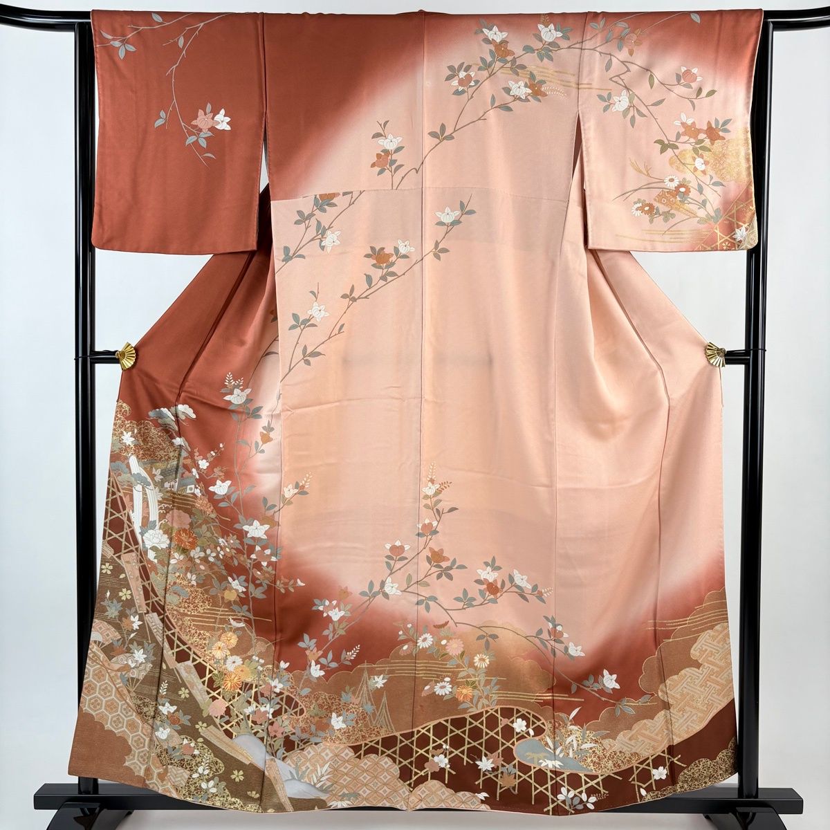 訪問着 身丈158 5 cm 裄丈64 M 袷 松竹梅 建物 金糸 金彩 赤茶 正絹 秀品