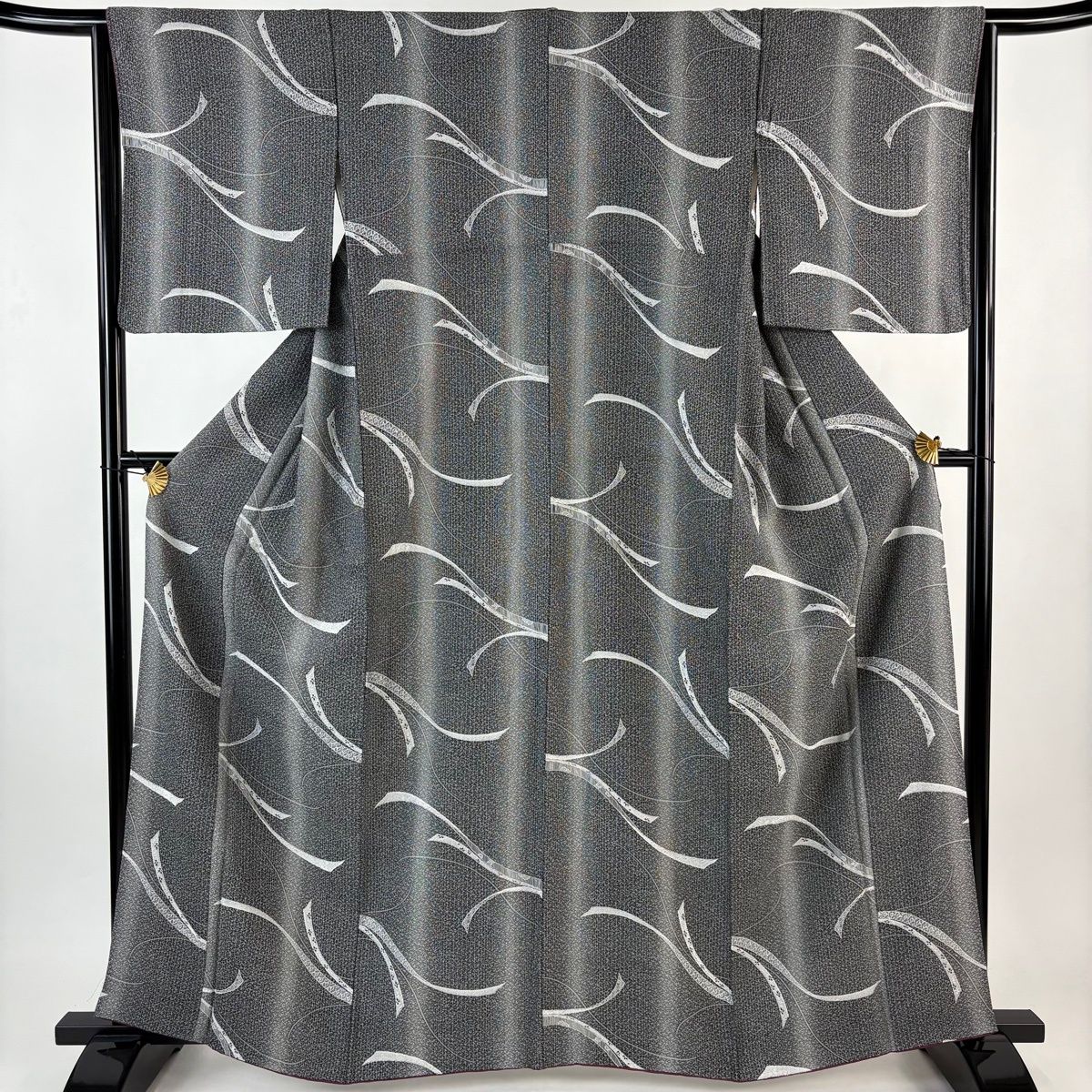 小紋 身丈163 5 cm 裄丈64 M 袷 蔓帯 縦縞 黒灰 正絹 秀品