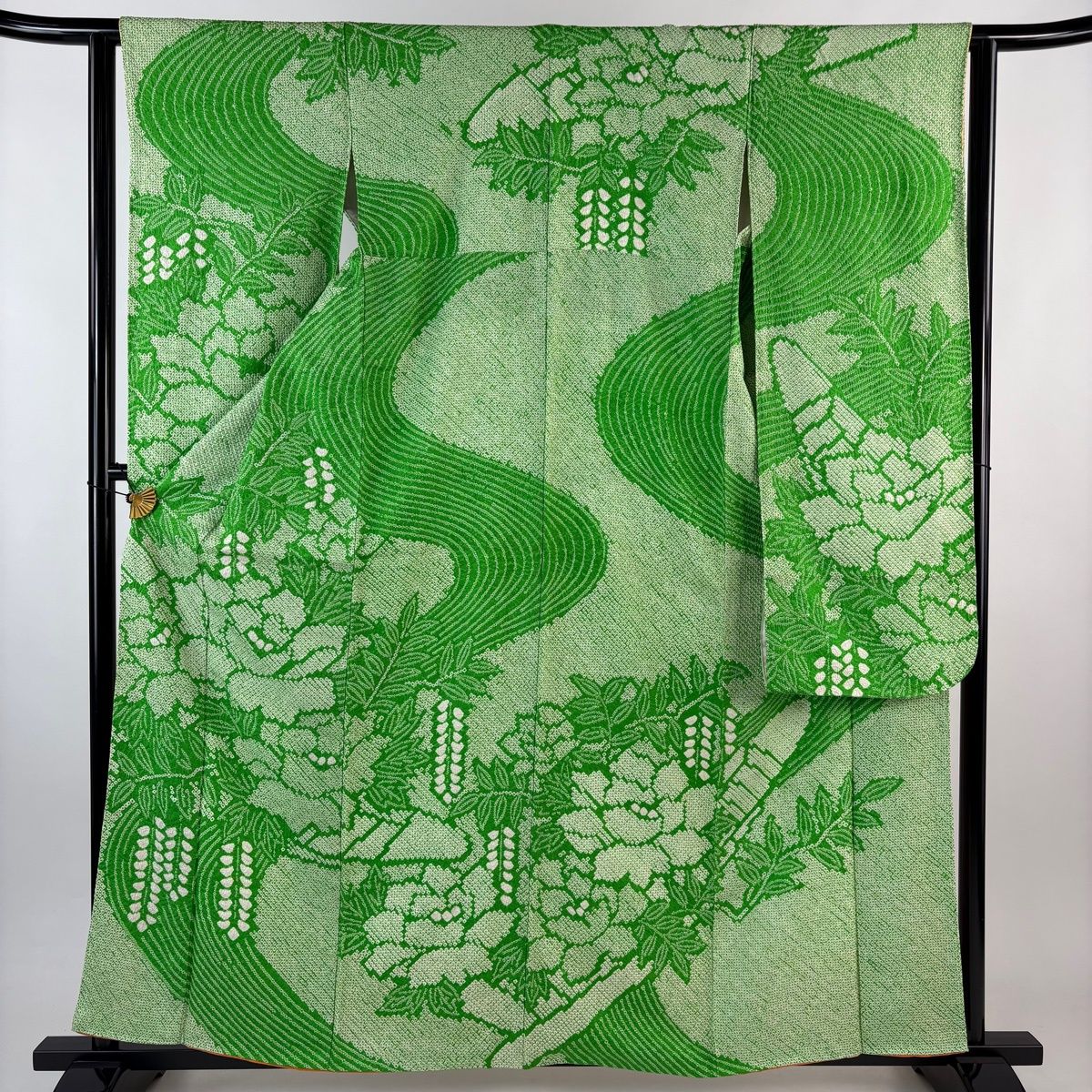振袖 身丈160 5 cm 裄丈62 S 袷 牡丹 藤 総絞り 緑 正絹 秀品