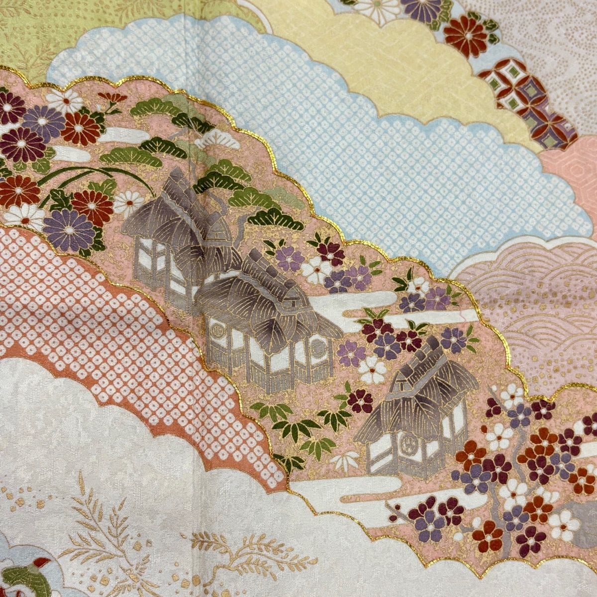  訪問着 身丈155 5 cm 裄丈64 M 袷 雲文 家屋 金糸 金彩 ピンクベージュ 正絹 秀品 訪問着 付け下げ 着物