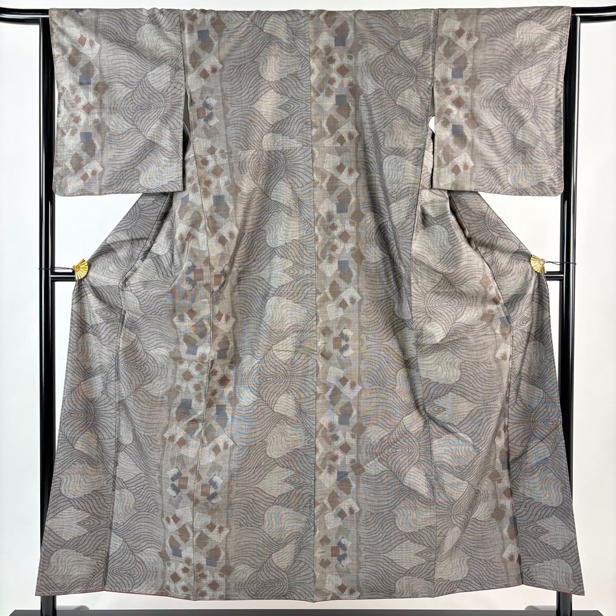 紬 身丈155 5 cm 裄丈64 M 袷 波 箔散らし柄 灰茶 正絹 秀品