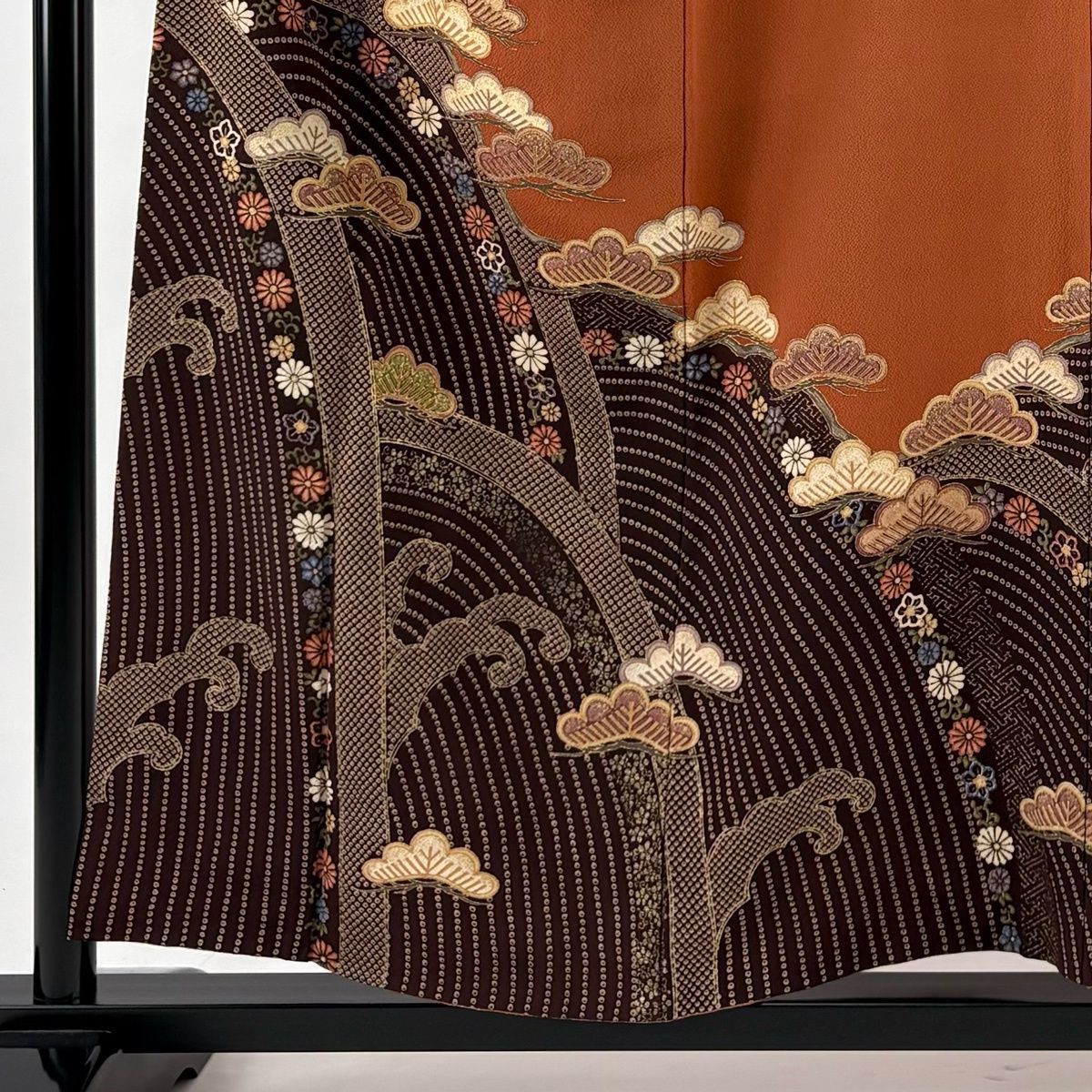 訪問着 身丈155 cm 裄丈66 M 袷 松 波頭 金彩 赤茶 正絹 秀品