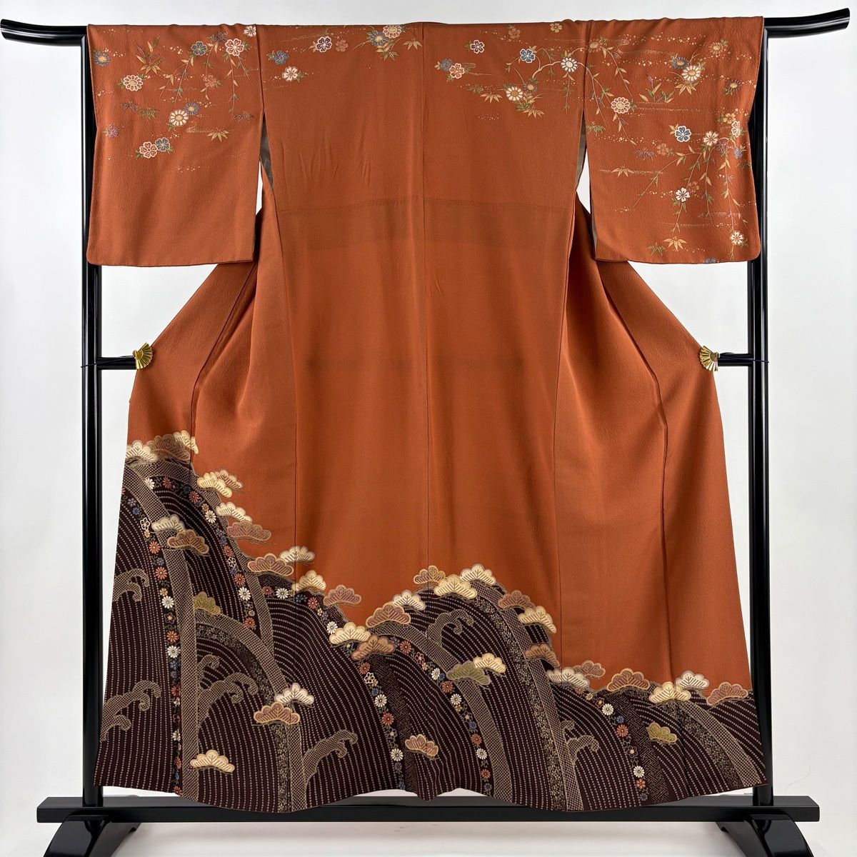 美品】 訪問着 身丈155cm 裄丈66cm M 袷 松 波頭 金彩 赤茶 正絹 秀品