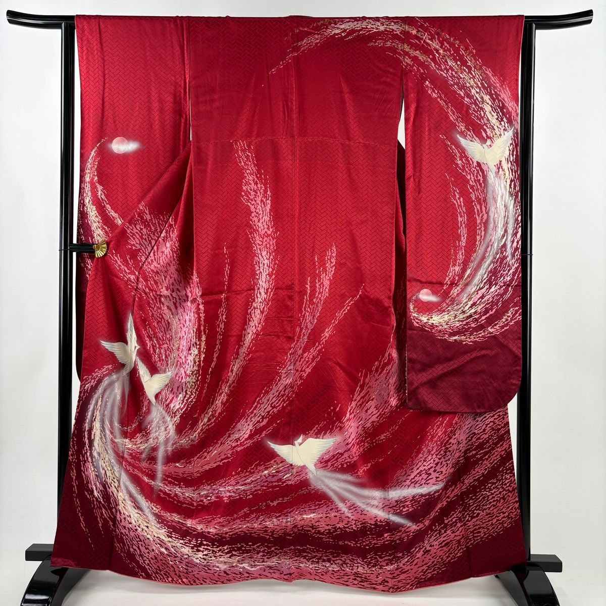 振袖 身丈164.5 cm 裄丈63.5 S 袷 尾長鳥 地紋 ラメ 金彩 赤 正絹 秀品