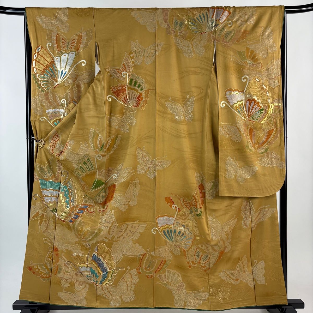 振袖 身丈159 5 cm 裄丈66 M 袷 蝶 金糸 金銀彩 山吹茶色 正絹 秀品