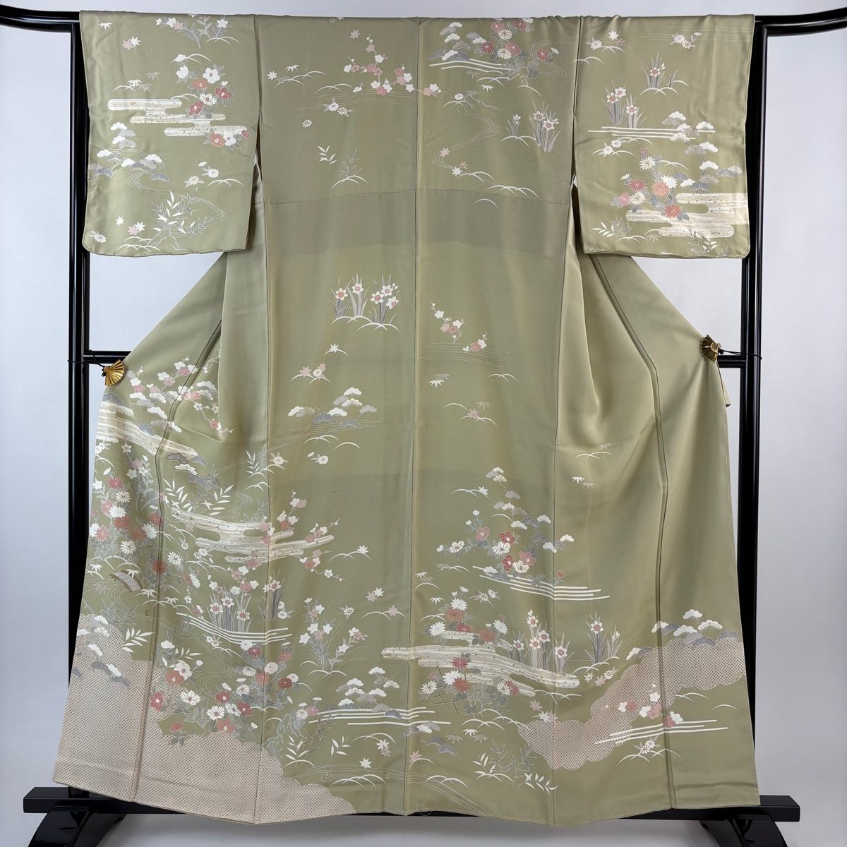 訪問着 身丈159 cm 裄丈65.5 M 袷 草花 ヱ霞 金糸 金彩 灰緑 正絹 秀品